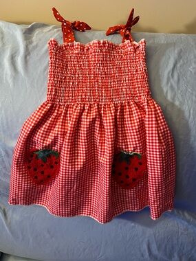 Red Gingham Strawberry Smocked Sundress